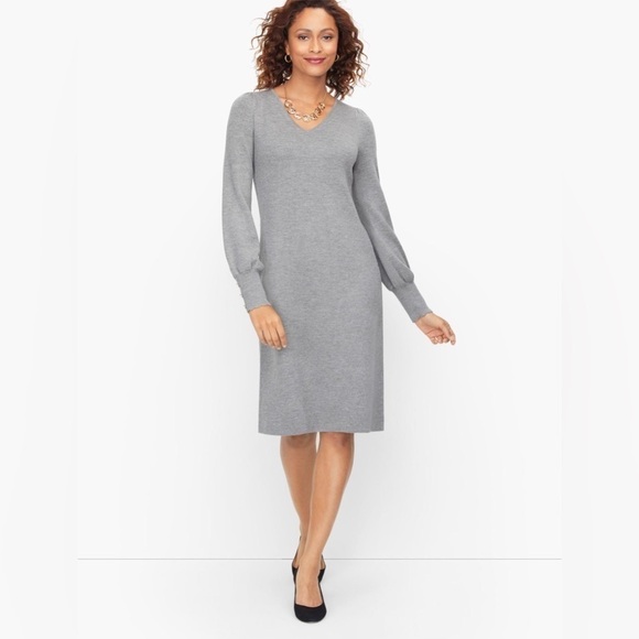 Like New, Talbots V-neck Soft Merino Wool Sweater Dress in Gray, Small Petite - Picture 1 of 6